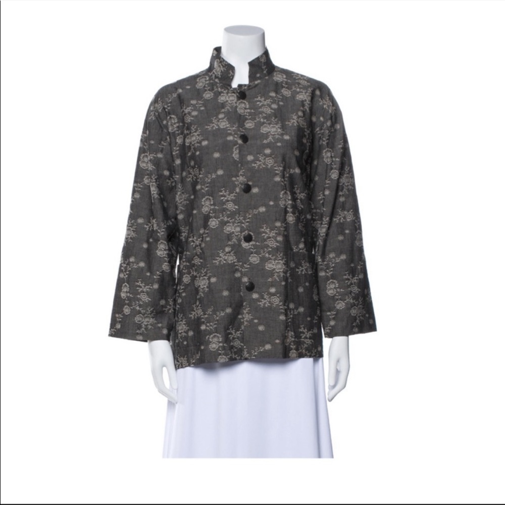 eskandar Black Floral Brocade Mandarin-Collar Jacket